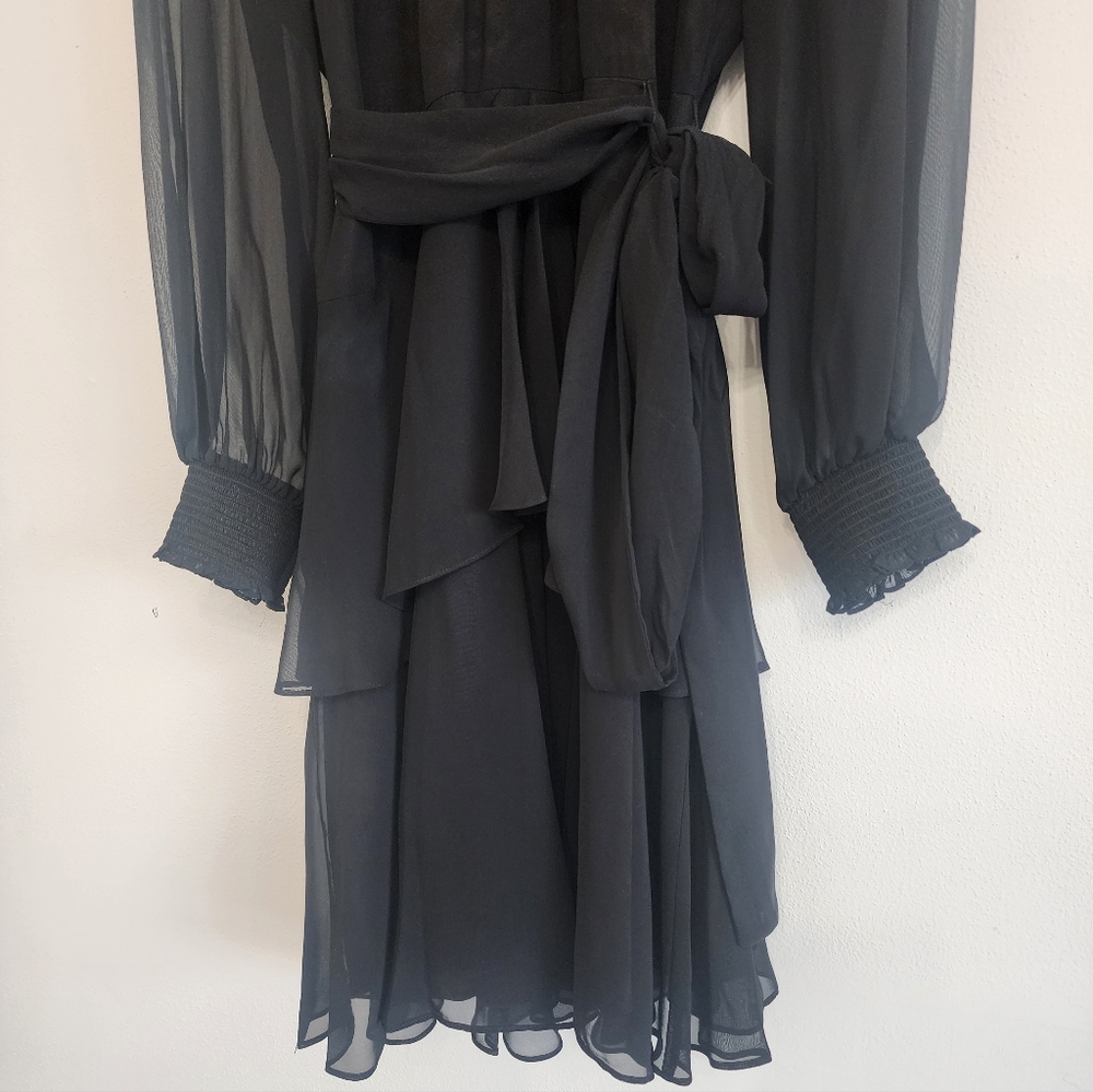 Womens Black Chiffon Tiered Mock Neck Split Sleeve Dress Rosalia By Alex Marie - Picture 5 of 15